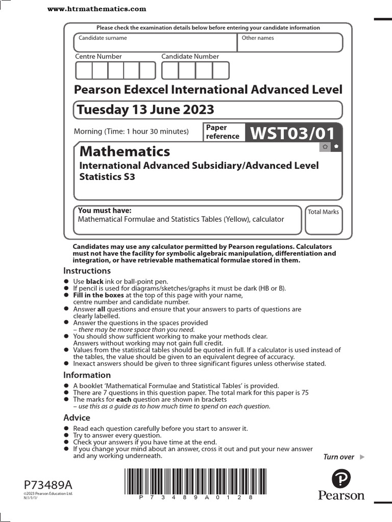 Edexcel A Level Statistics S3 Exam Paper | PDF | Payments | Cash