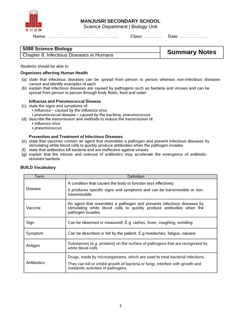 8 - 5088 - Infectious Diseases in Humans - Notes - Teacher | PDF ...
