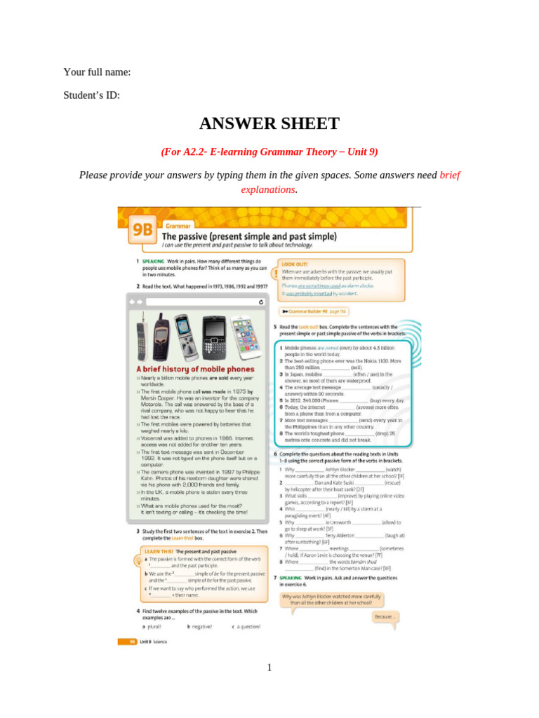 A2.2 E-learning Grammar Theory Answers | PDF