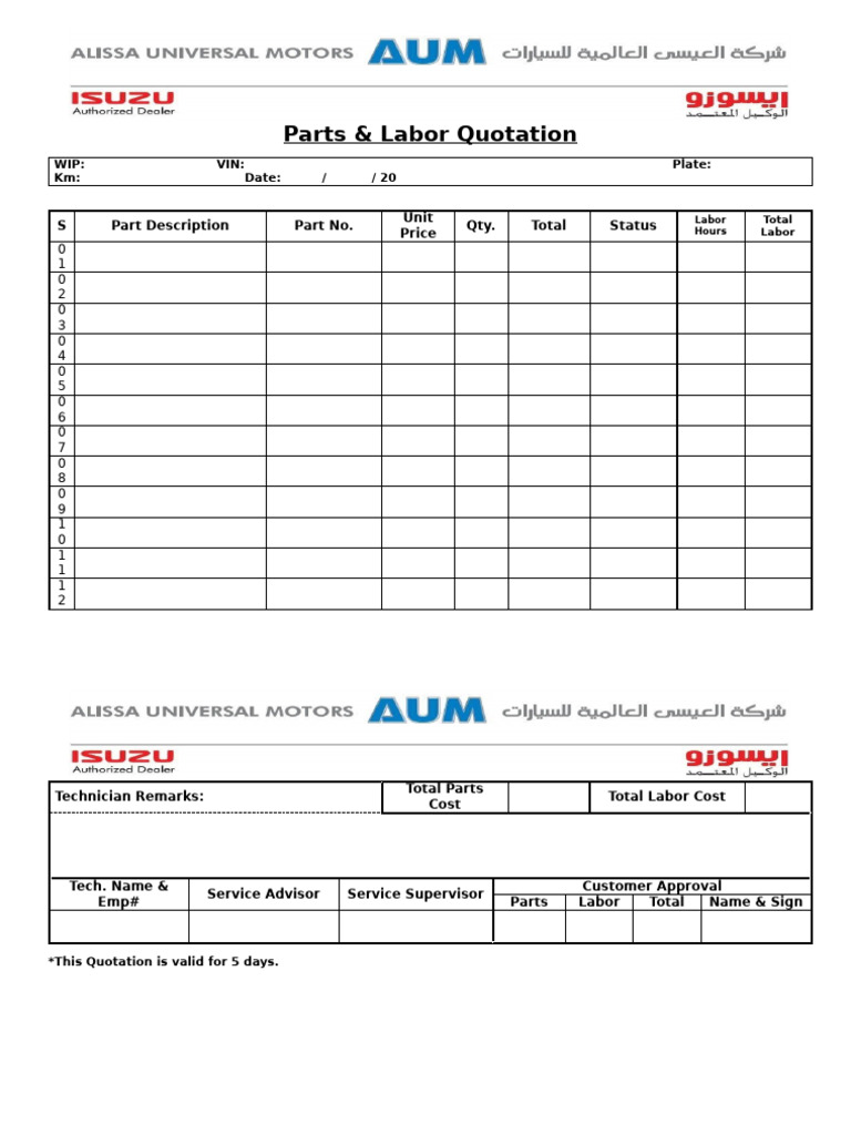 Parts and Labor Quotation Template | PDF