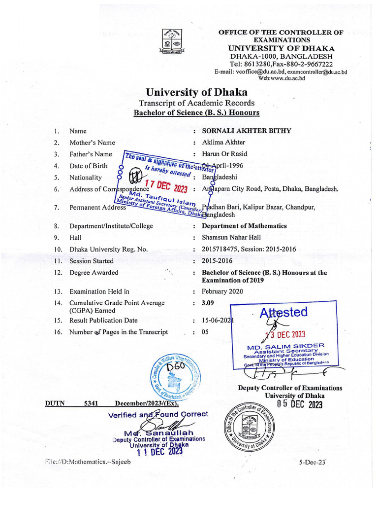 Bchelor of Science Honours Transcript | PDF