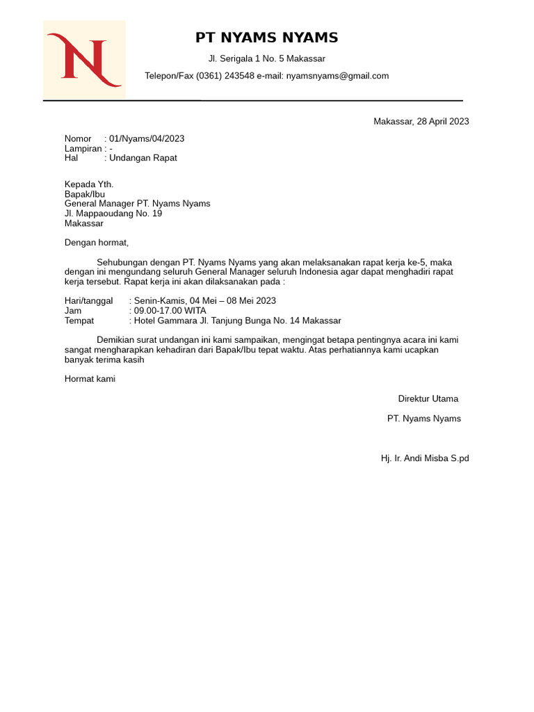Undangan Rapat Kerja PT Nyams Nyams | PDF