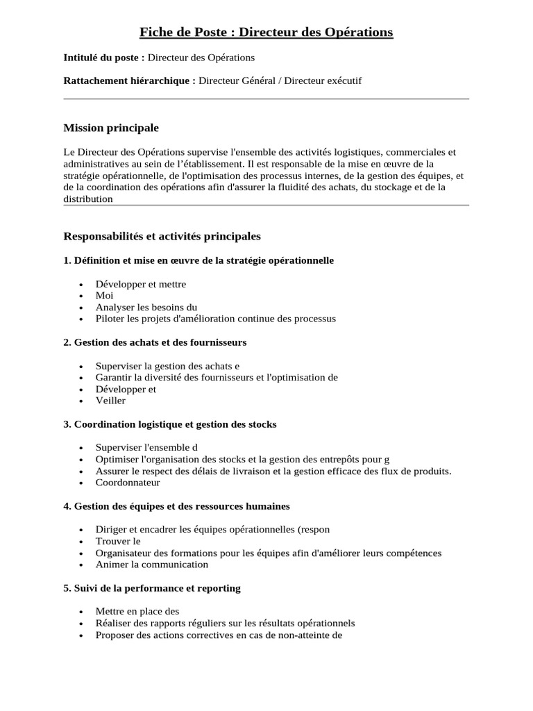 Fiche de Poste : Directeur des Opérations | PDF | Logistique | Business