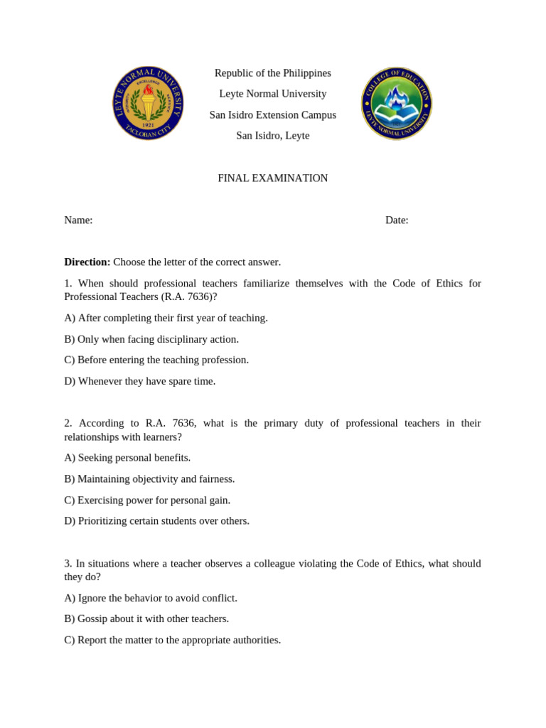 Code of Ethics for Professional Teachers Exam | PDF | Teachers | Learning