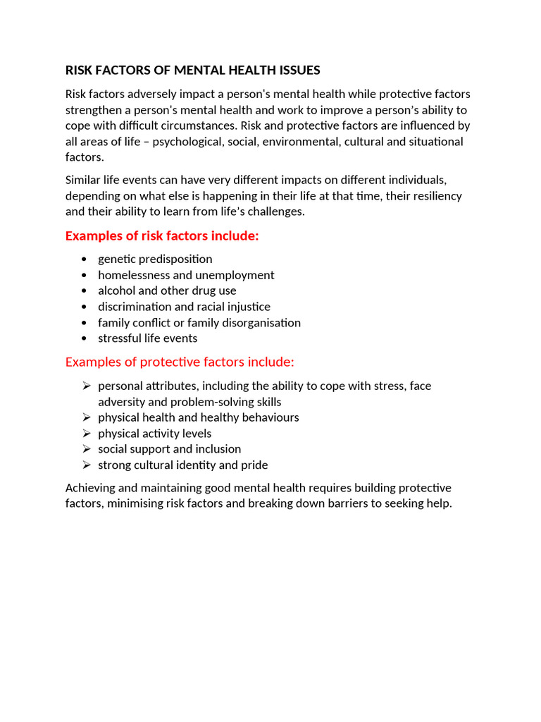 Risk Factors of Mental Health Issues | PDF