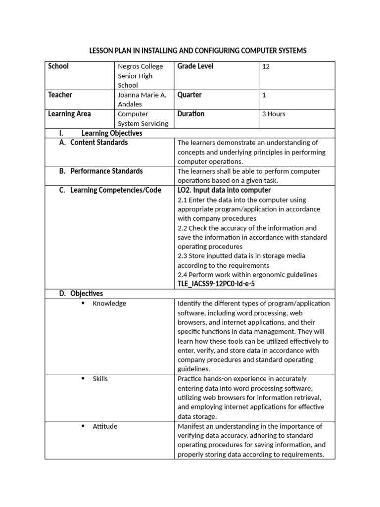 101.lesson Plan in Istalling and Configuring Computer Systems | PDF ...
