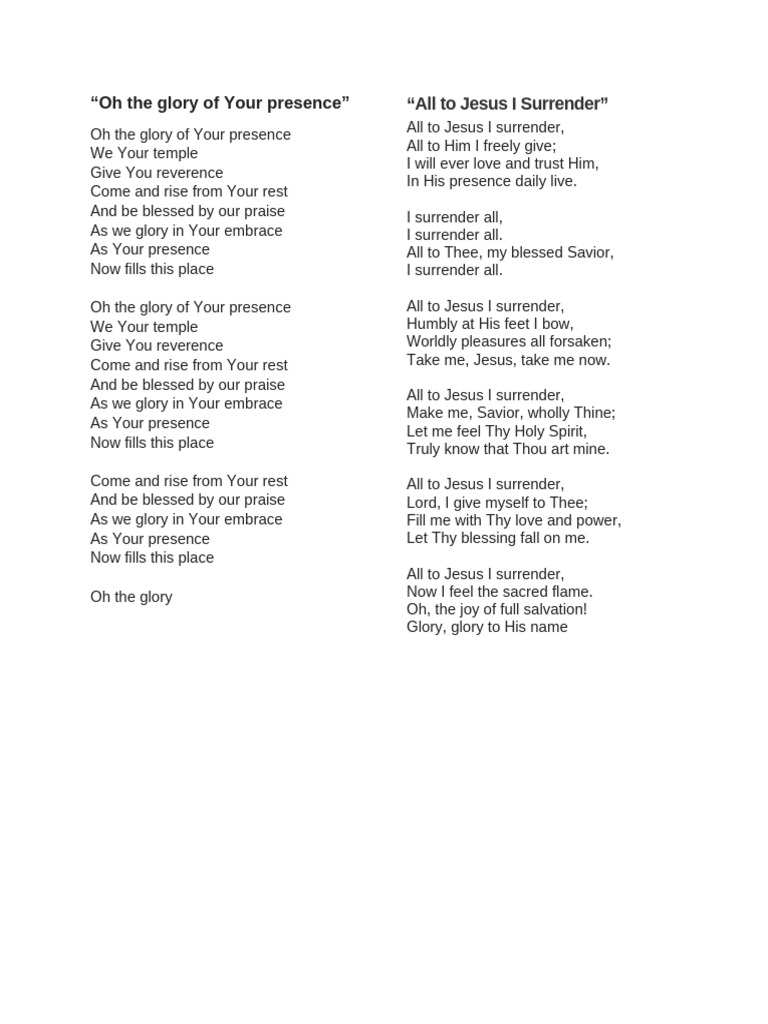 Glory of Your Presence Lyrics | PDF | Glory (Religion) | Religious ...