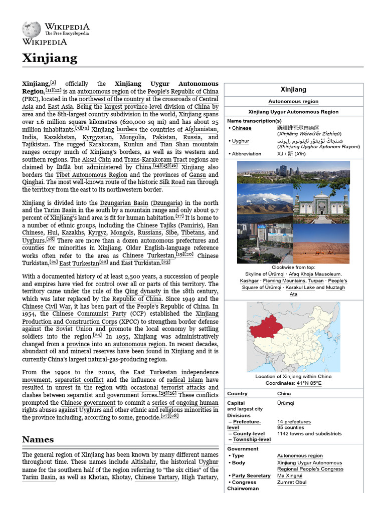 Xinjiang - Wikipedia | PDF | East Asia | Central Asia