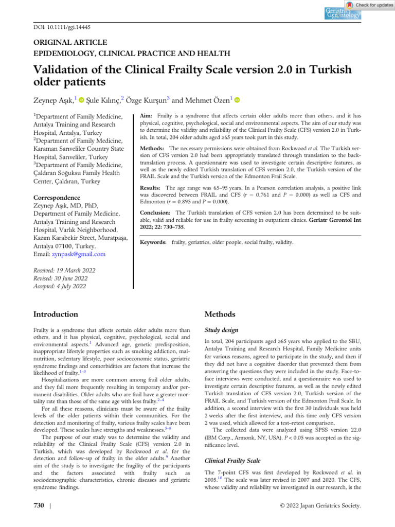 Turkish Validation of Clinical Frailty Scale | PDF | Geriatrics | Old Age