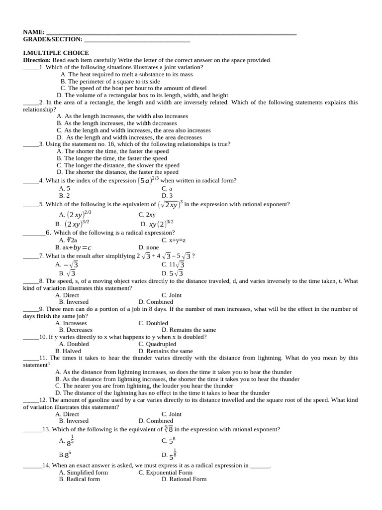 2ND Quarter-Math 9-Pretest | PDF | Length | Thunder