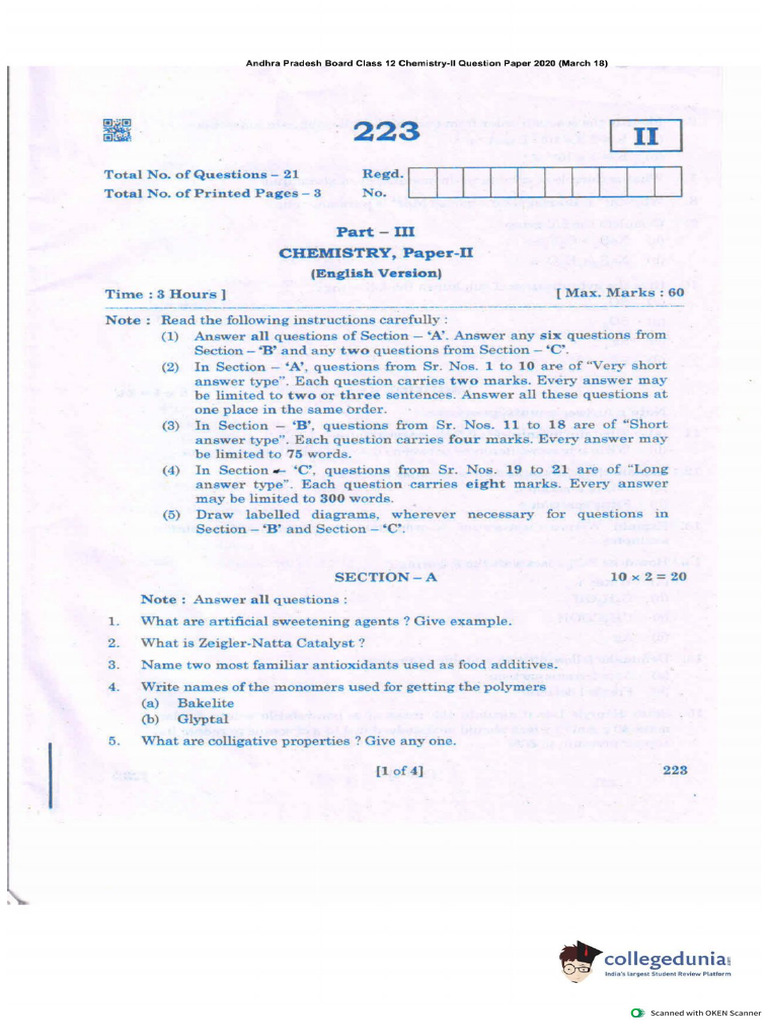 Chemistry II Question Paper 2020 | PDF