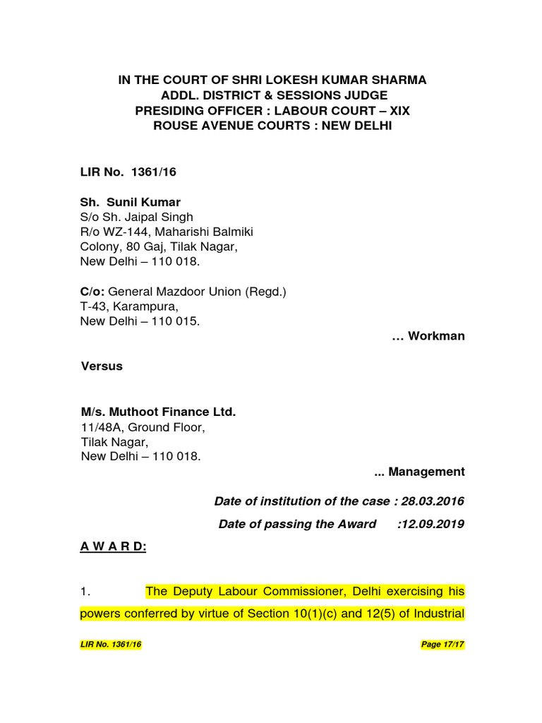 Labour Court Award: Sunil Kumar Case | PDF | Burden Of Proof (Law ...
