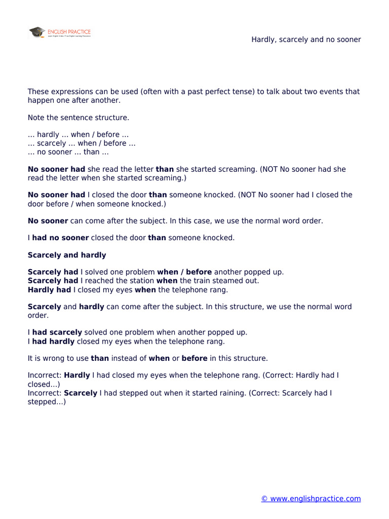 Hardly, Scarcely, No Sooner Rules | PDF