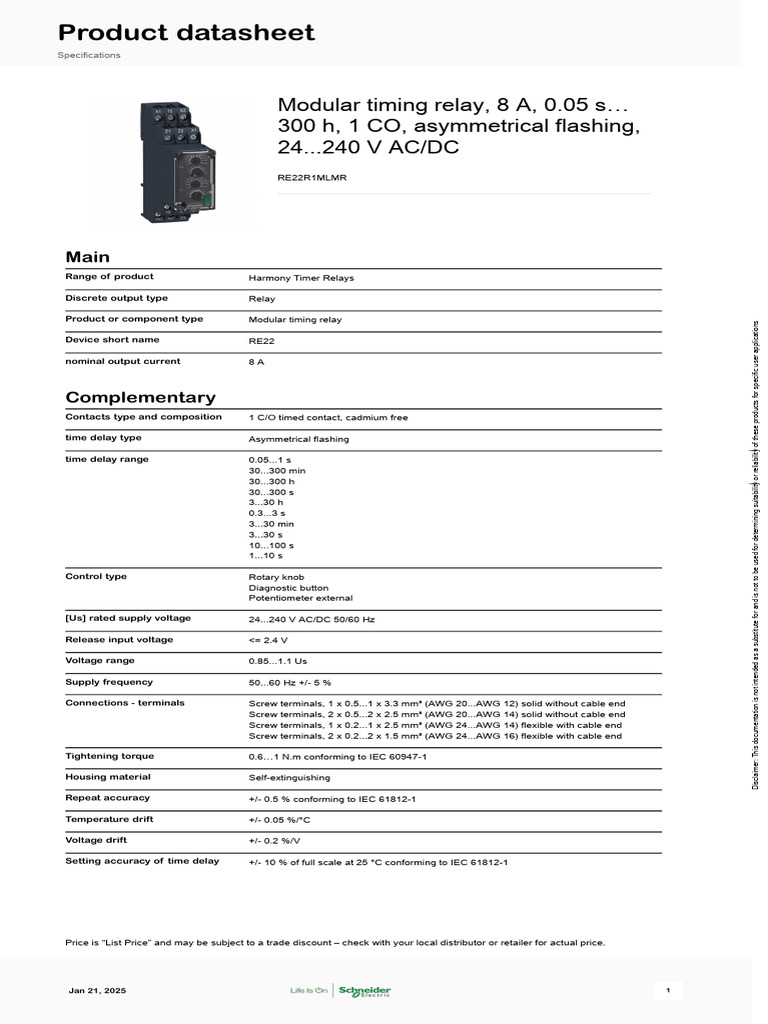 Schneider Electric - Harmony-Timer-Relays - RE22R1MLMR | PDF | Relay ...