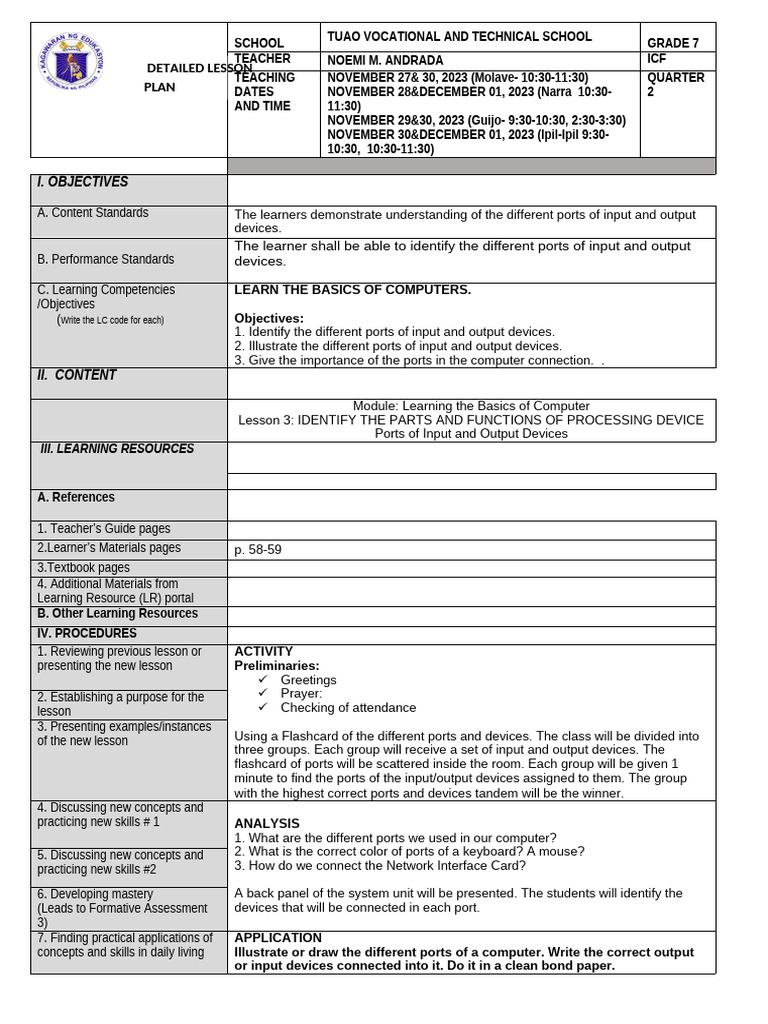 Grade 7 Computer Ports Lesson Plan | PDF | Input/Output | Learning