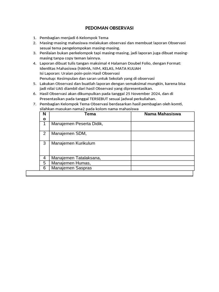 Pedoman Laporan Observasi Mahasiswa | PDF
