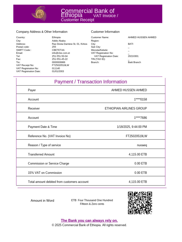 CBE VAT Invoice for Ethiopian Airlines | PDF | Receipt | Value Added Tax