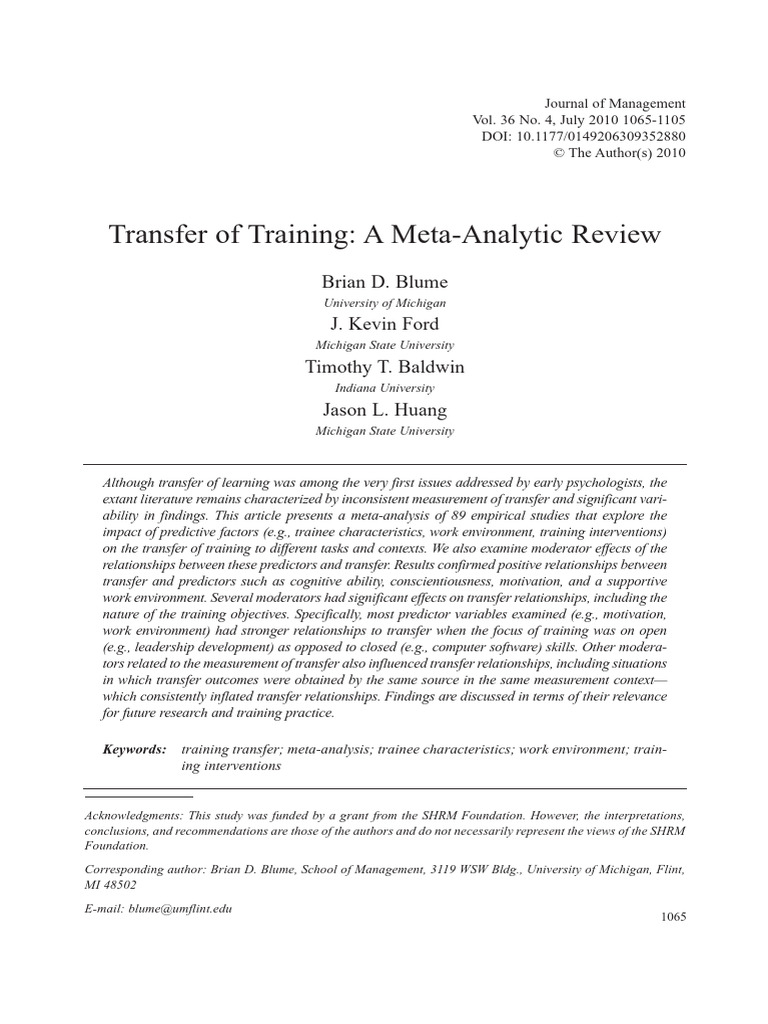 Transfer of Training A Meta Analytic Rev | PDF | Meta Analysis | Outlier