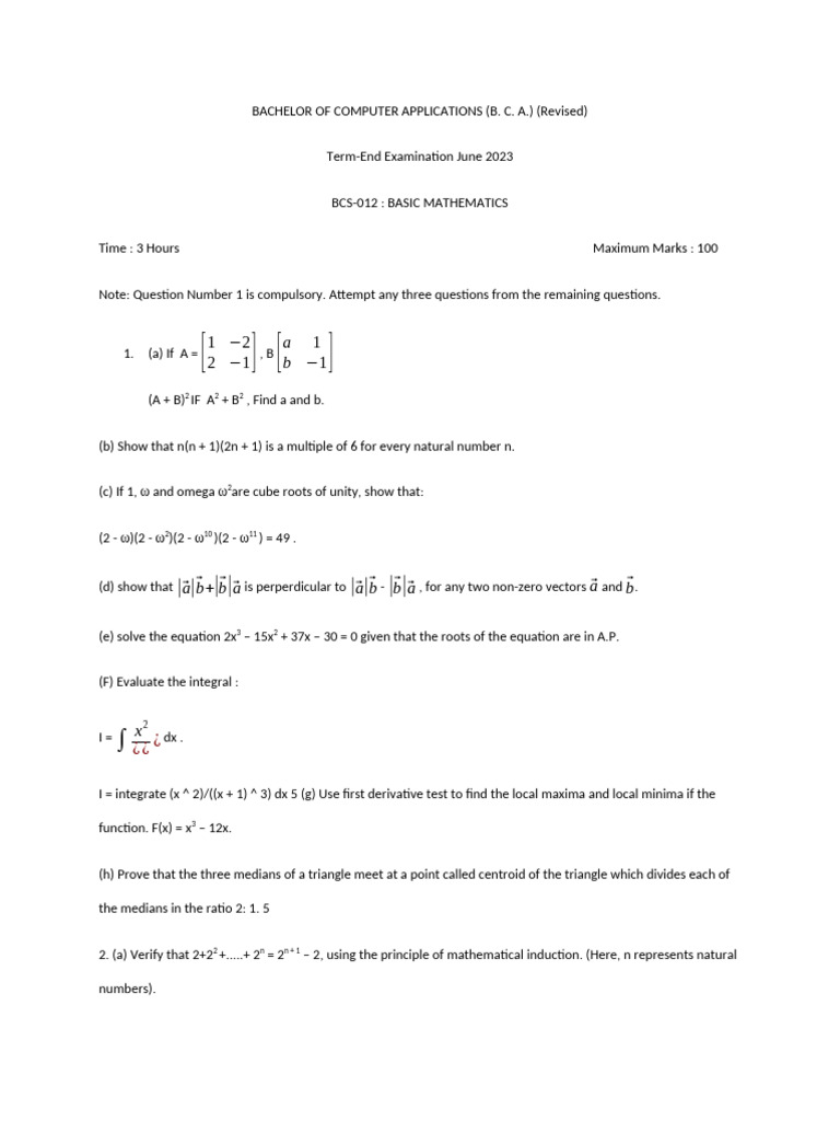 BCA June 2023 Mathematics Exam Guide | PDF | Mathematical Objects ...