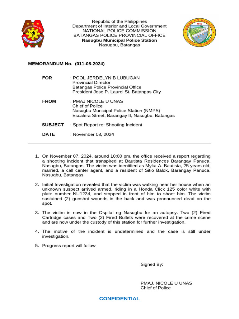 Nasugbu Shooting Incident Report | PDF