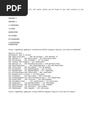 Digimon Card Battle Cheat Codes & Fusions | PDF