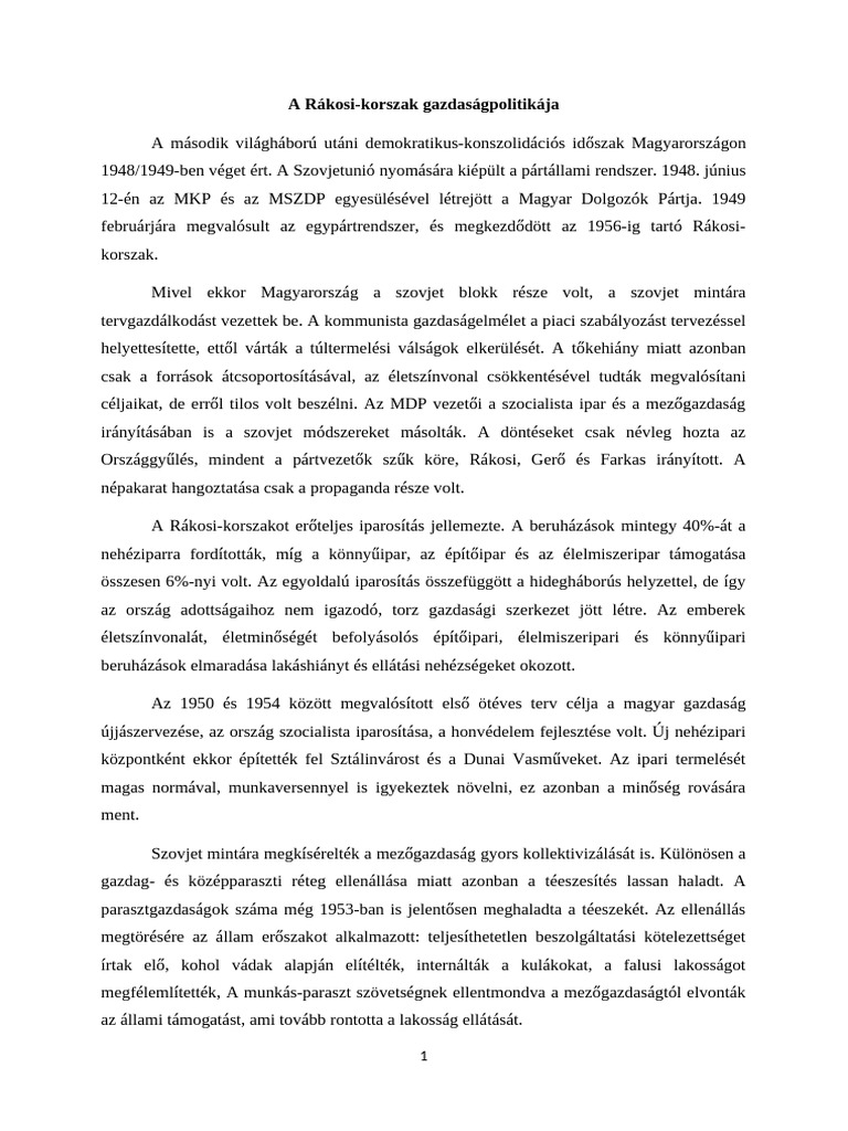 A Rákosi-Korszak Gazdaságpolitikája | PDF