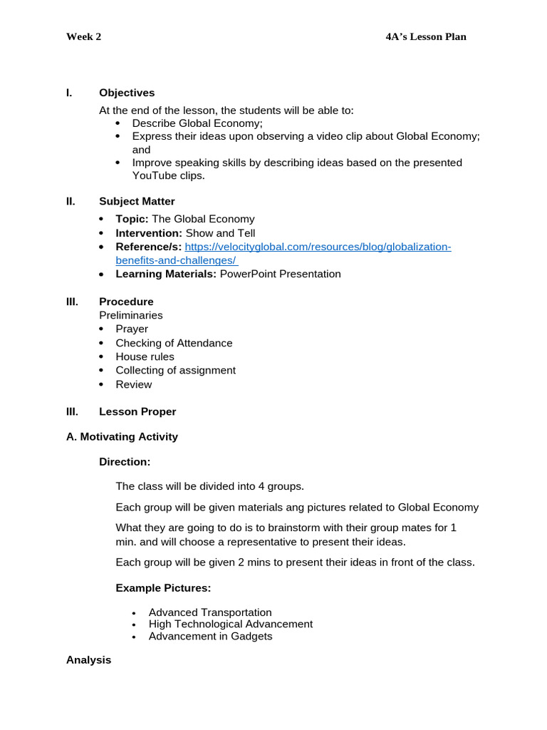 Global Economy Lesson Plan for Students | PDF | Lesson Plan | Human ...