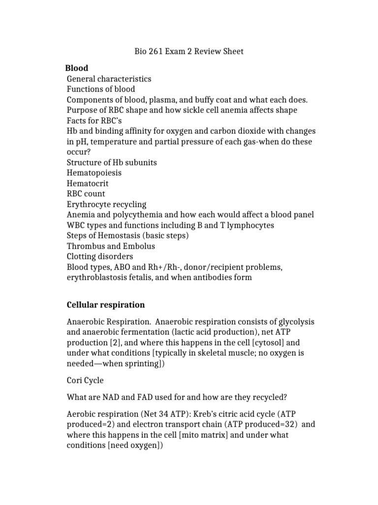 Bio 261 S16 Exam 2 Review Sheet Revd | PDF | Cellular Respiration ...