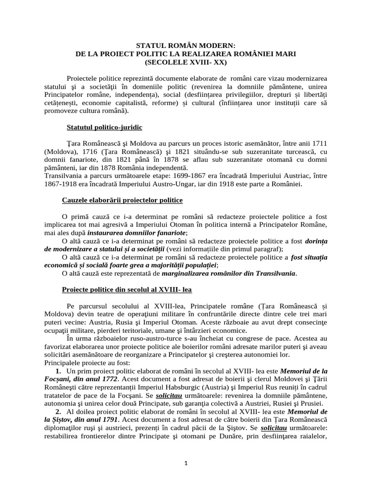 Statul Român Modern, de La Proiect Politic La Realizarea României Mari ...