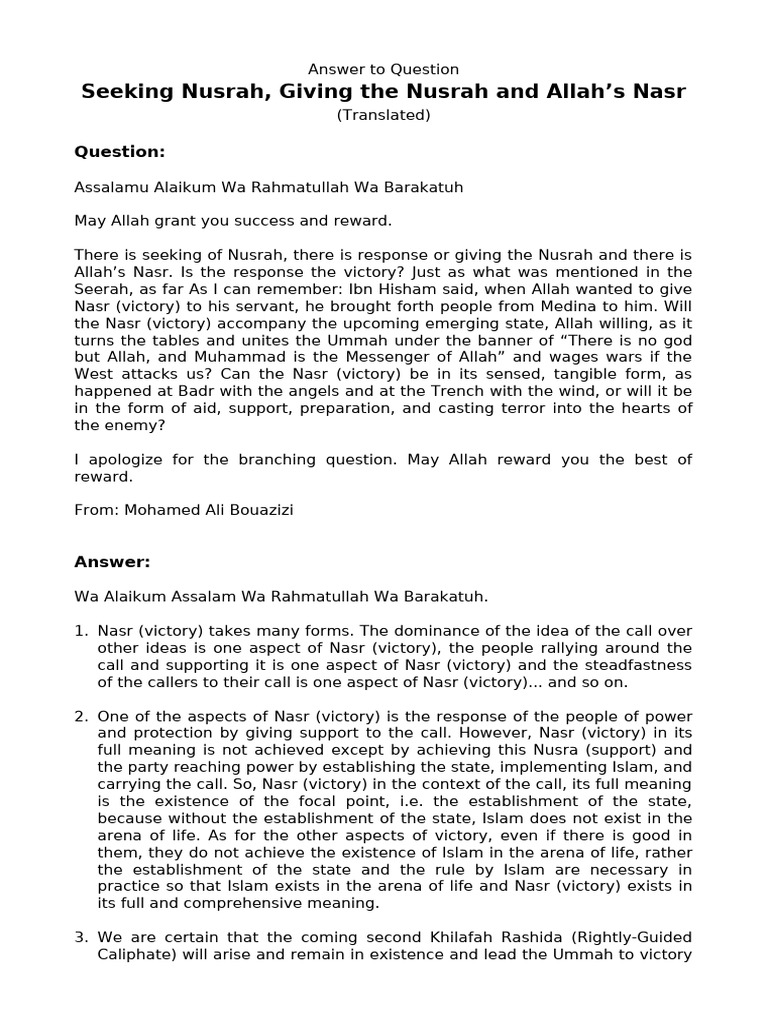 Seeking Nusrah, Giving The Nusrah and Allah's Nasr | PDF | Caliphate ...