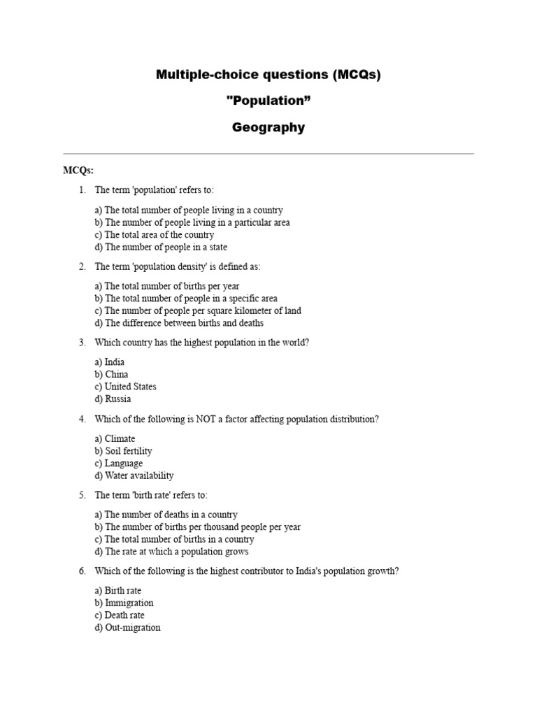 Geography MCQs on Population Concepts | PDF | Population Growth ...