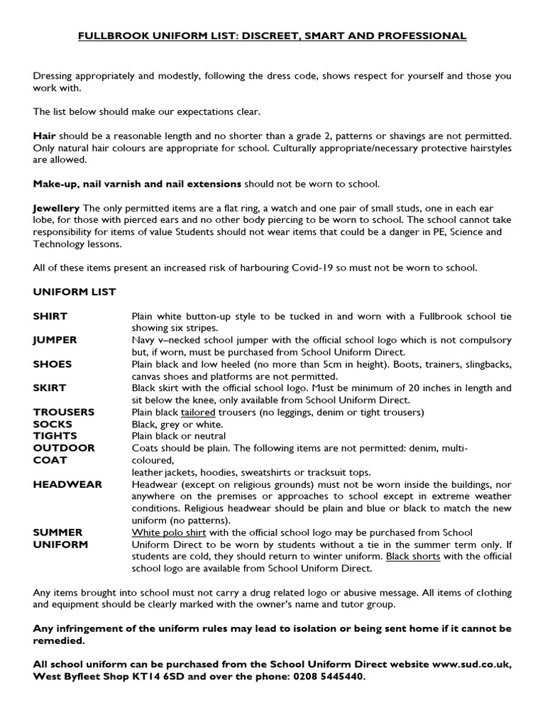 Fullbrook School Uniform Guidelines | PDF | Physical Education | Trousers
