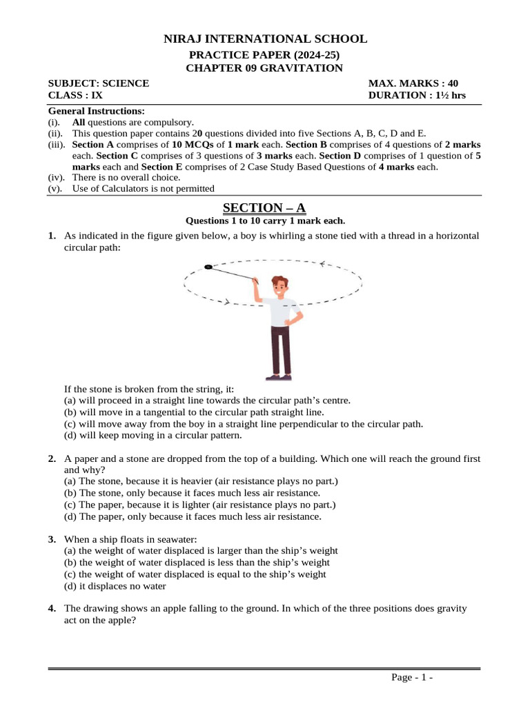 Class 9 Science: Gravitation Practice Paper | PDF | Weight | Mass