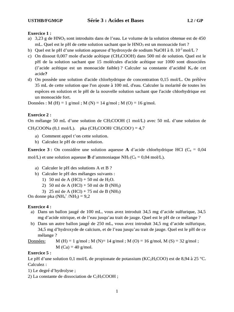 Calculs de pH et solubilité des acides | PDF | Ph | Acide chlorhydrique