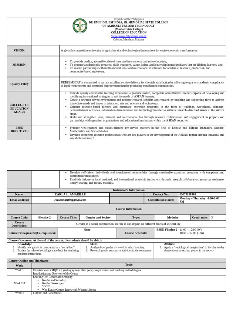Gender and Society Course Syllabus | PDF | Gender | Gender Studies