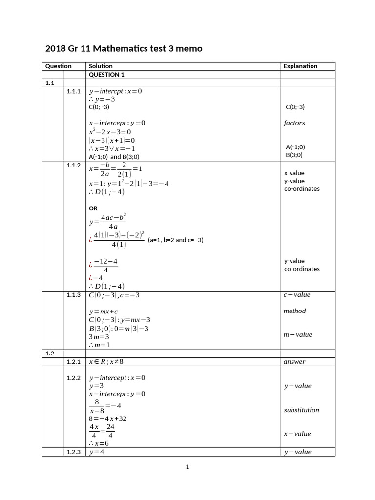 2018 Gr 11 test 3 memo | PDF | Mathematics