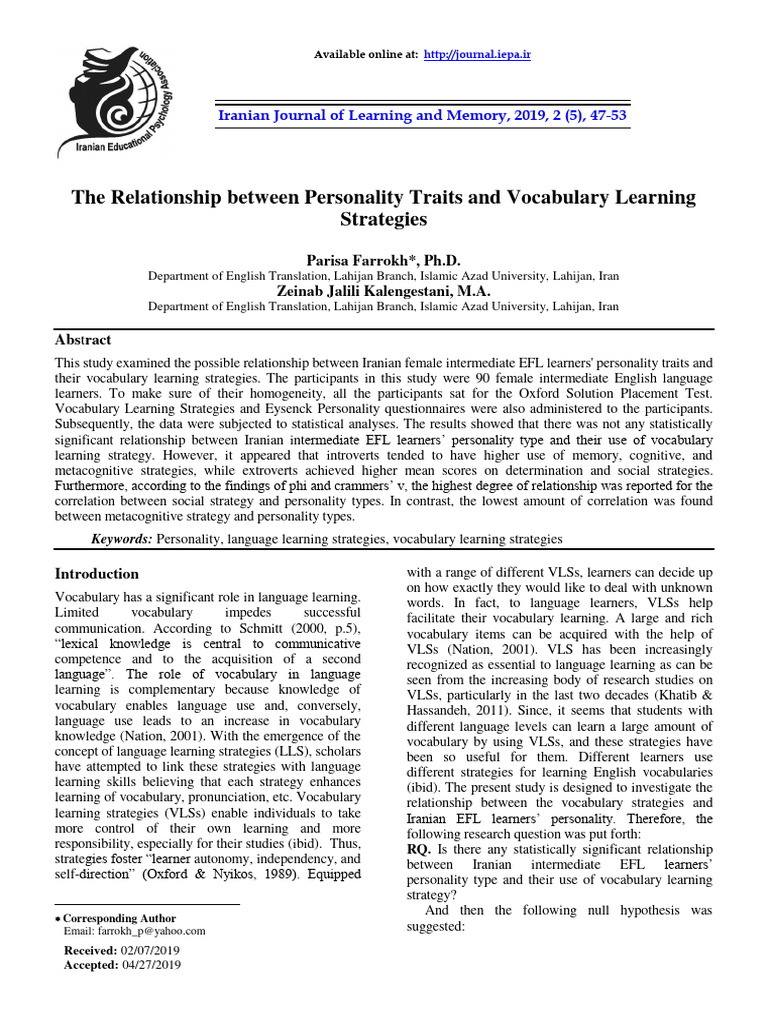 Personality Traits and Vocabulary Strategies | PDF | Extraversion And ...
