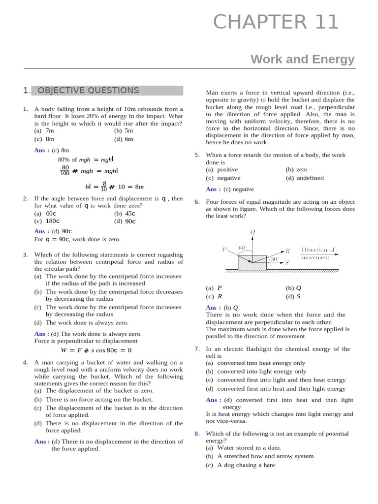Work and Energy Worksheet PDF Force Potential Energy