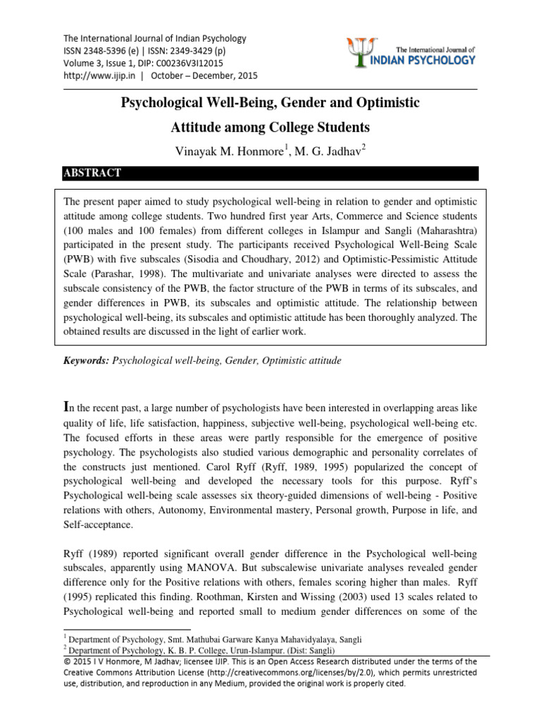 Gender Differences in Psychological Well-Being | PDF | Optimism | Well ...