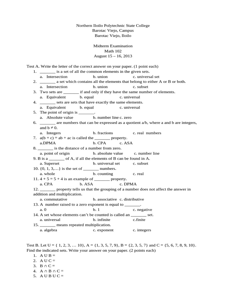 Math 102 Midterm Exam Questions | PDF | Numbers | Exponentiation