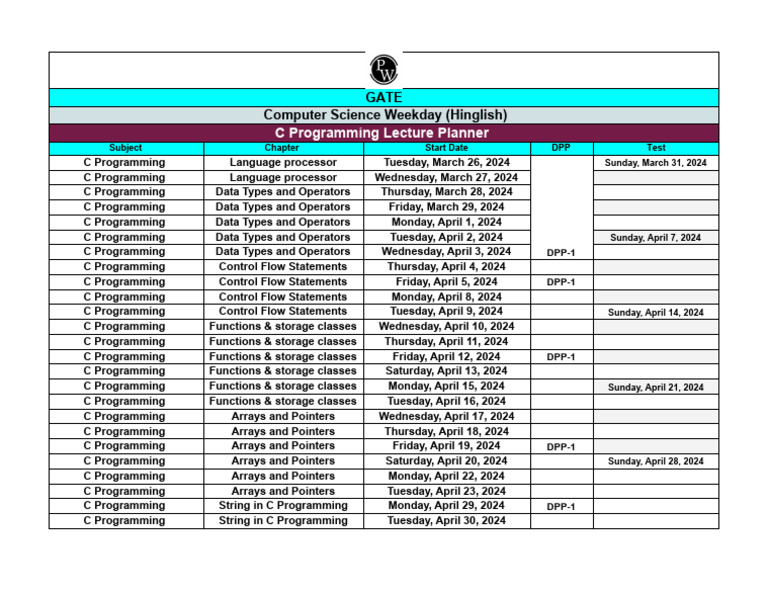 C Programming Lecture Schedule 2024 | PDF