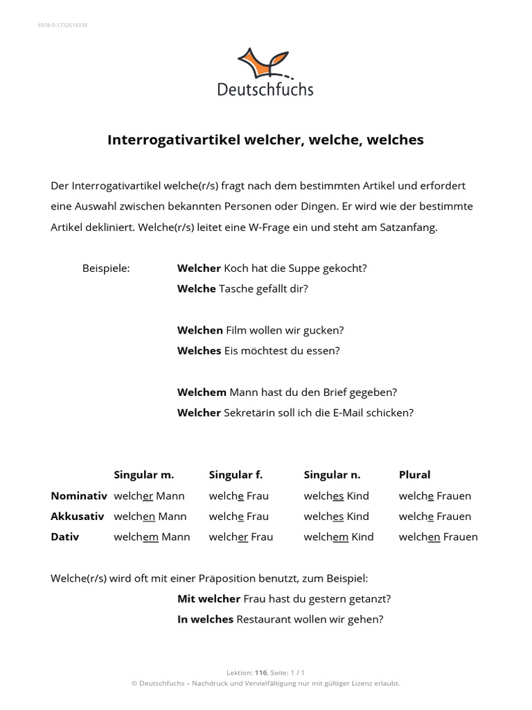 116 - Interrogativpronomen Welcher Welche Welches | PDF
