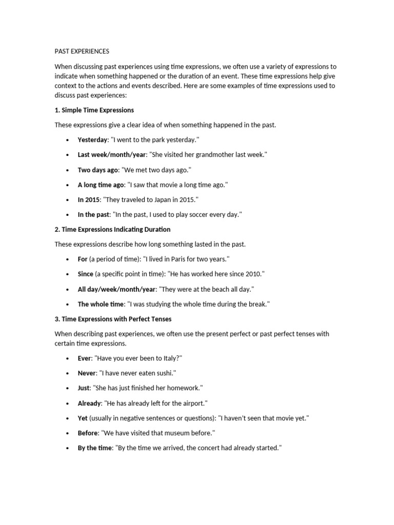 Past Experiences Pdf Perfect Grammar Grammatical Tense