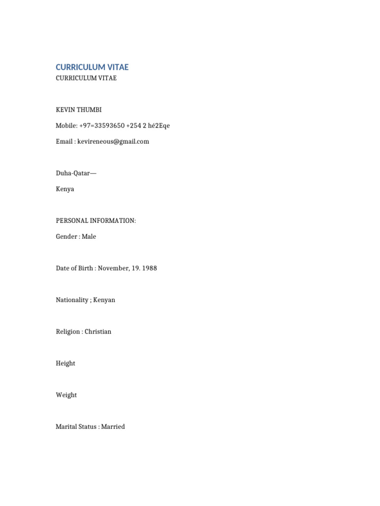 Kevin Thumbi CV: Security & Food Production | PDF | Kenya