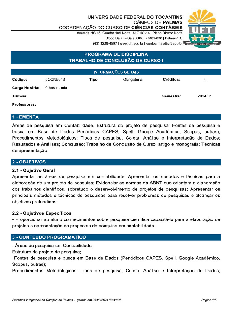 Plano de Ensino TCC I 202401 | PDF