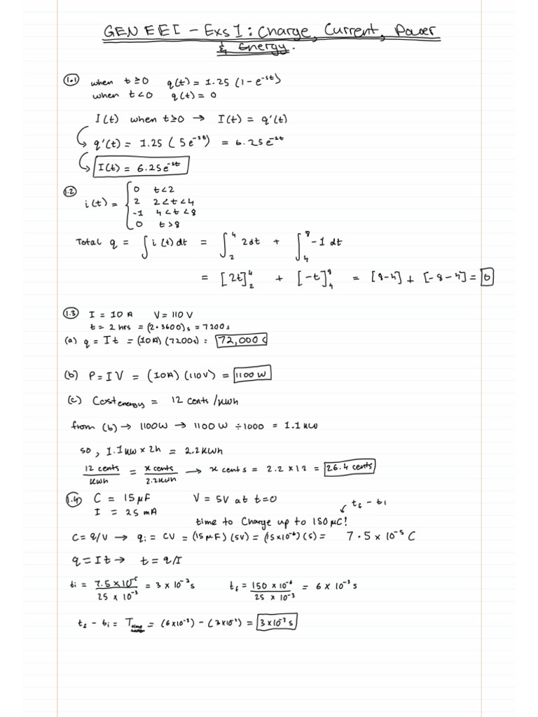Excersizes 1 Charge, Current, Powr and Energy | PDF