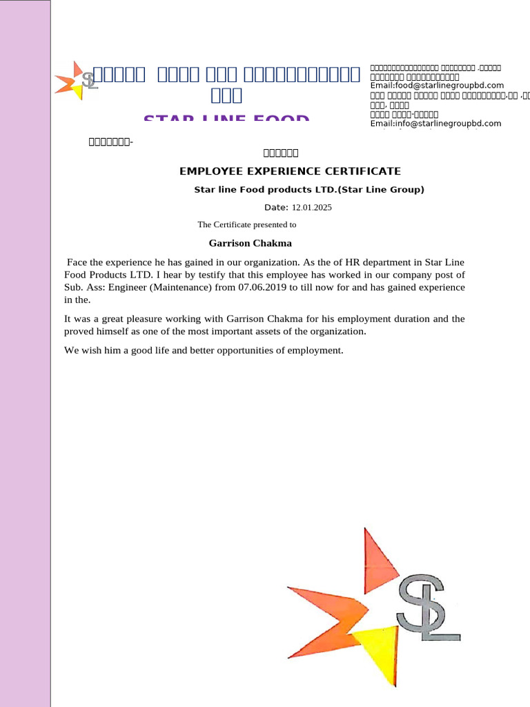 Employee Experience Certificate For Garrison Chakma Pdf
