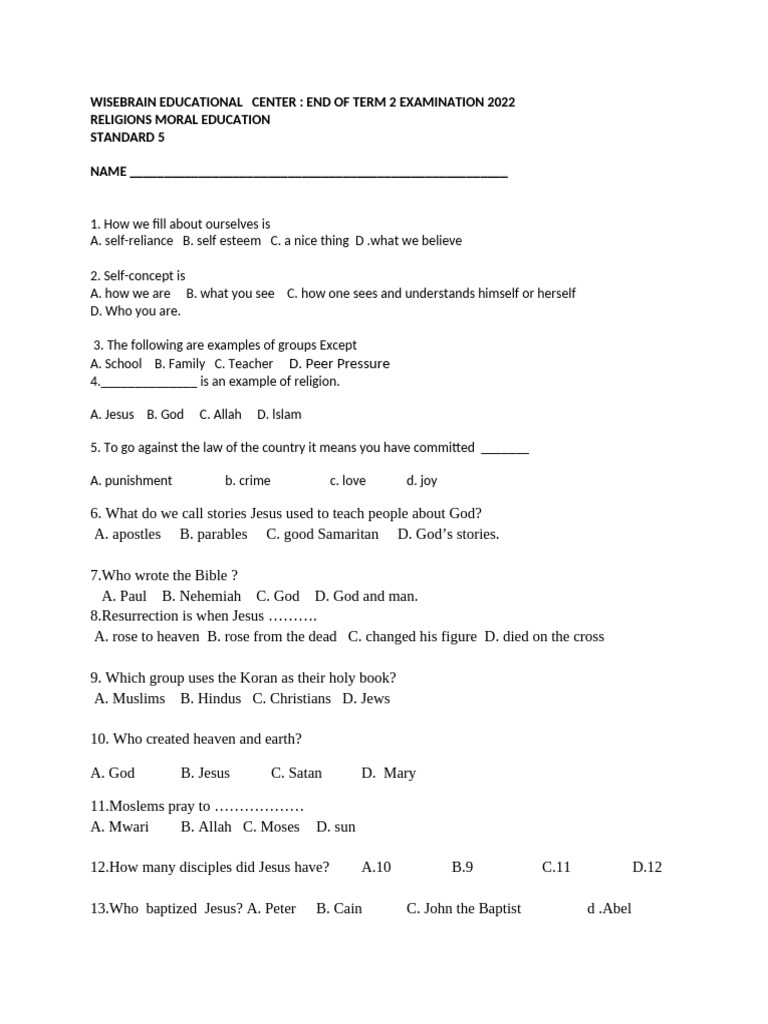 RME Exam Questions for Standard 5 | PDF | Jesus | God