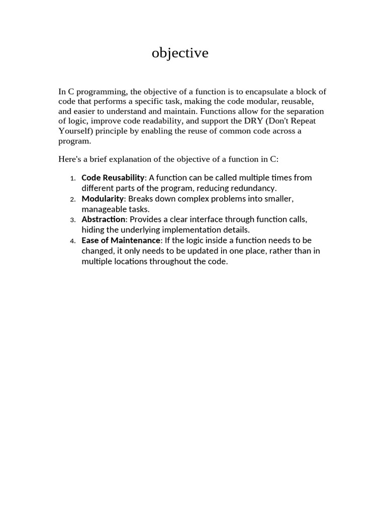 Objectives of Functions in C Programming | PDF