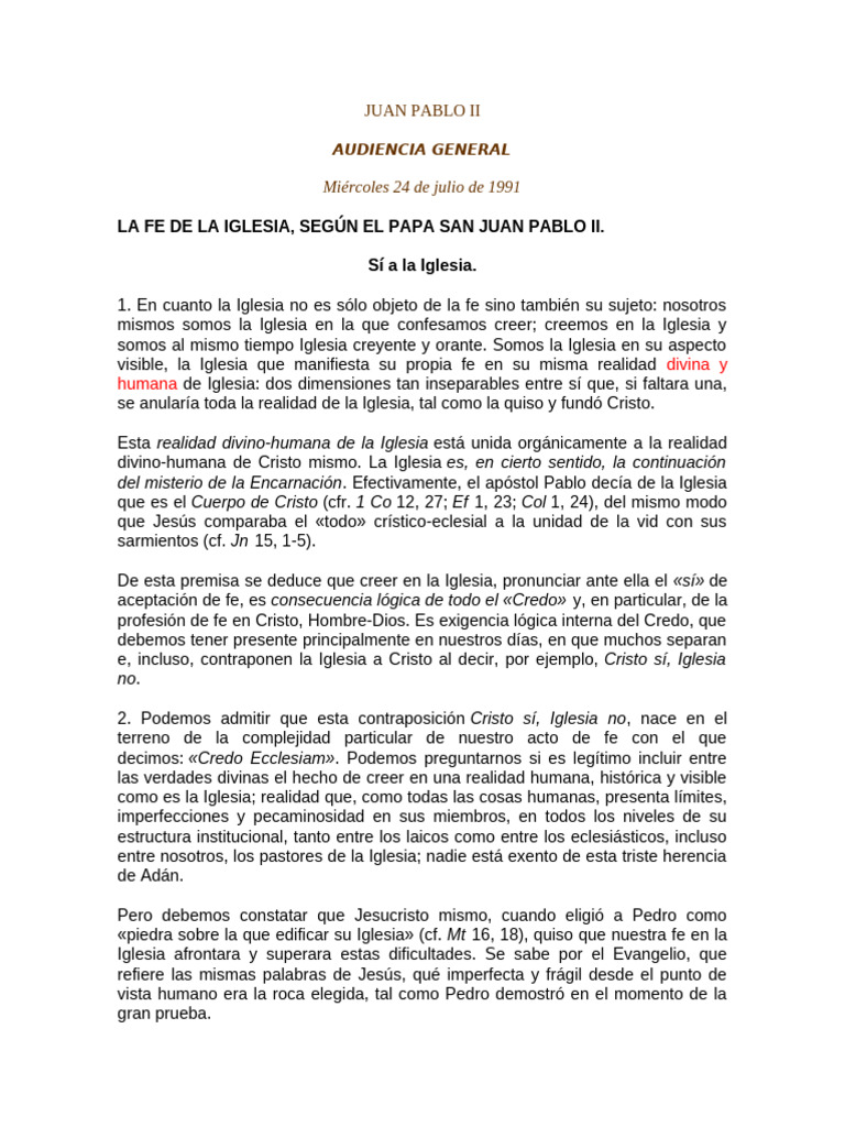 La Fe en la Iglesia según Juan Pablo II | PDF | Cristo (título ...